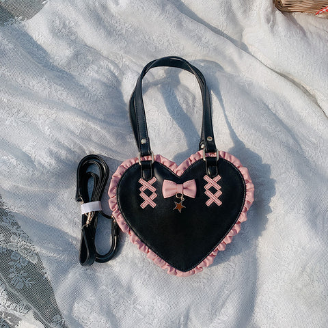 Sac à bandoulière portable en dentelle avec nœud de cœur croisé et jolie forme de cœur