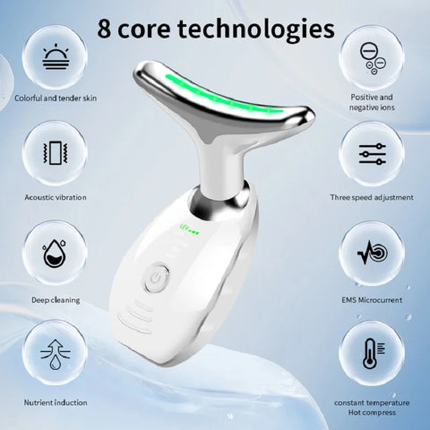 Appareil de Beauté Cou et Visage - Thérapie Photonique LED Colorée, Raffermit la Peau, Réduit le Double Menton, Anti-Rides, Masseur Liftant