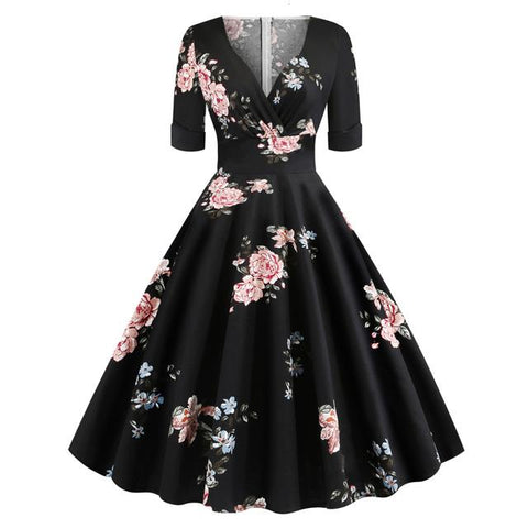 Green Solid Rockabilly S Vintage Ruched V Neck Party Dresses - Fashionner