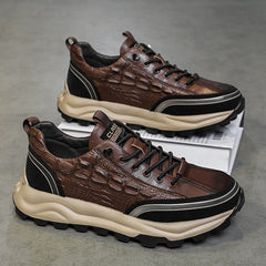 Men's shoes, autumn anti slip black labor protection shoes, work leather shoes, crocodile pattern thick soles, sports and leisure running shoes - Fashionner