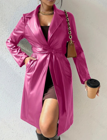 Veste en cuir PU à manches longues et revers avec poches, coupe ajustée, long trench-coat pour femmes