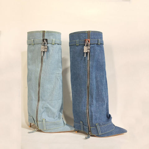 Pointed Female Fashion Metal Buckle Flanging Zipper Casual High Leg Boot - Fashionner