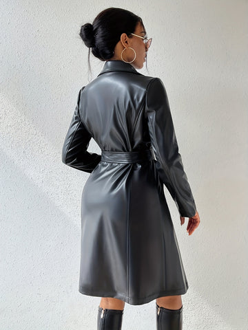 Veste en cuir PU à manches longues et revers avec poches, coupe ajustée, long trench-coat pour femmes