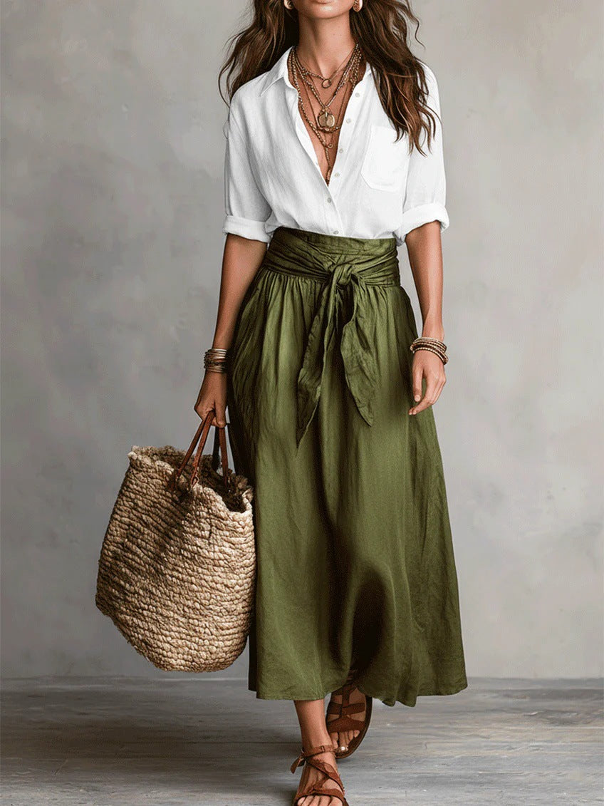 Buy Summer Short-sleeve Suits Fashion Casual Button-down Shirt Top And Straight Skirt Women's Two-piece Set online at Fashionner.