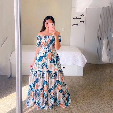 Robe longue florale élégante sans épaules pour femme