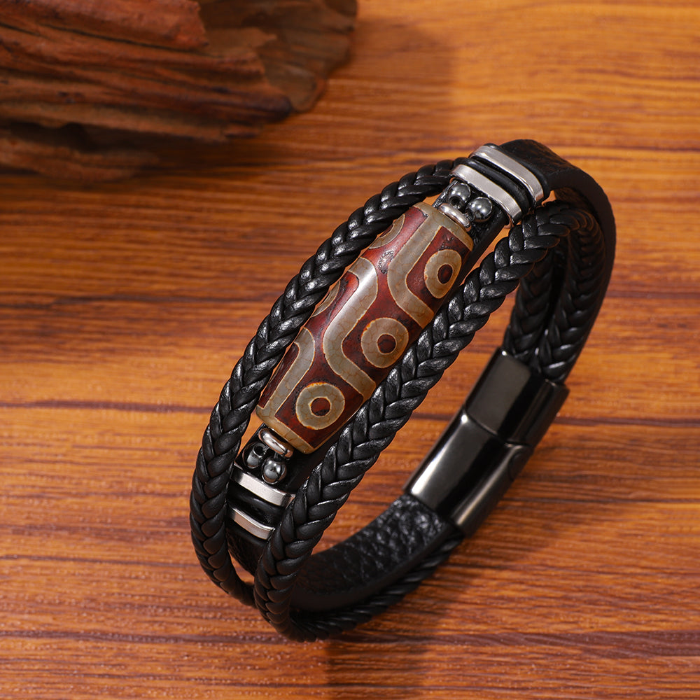Buy Hand-Woven Men'S Leather Bracelet With Stainless Steel Nine-Eyed Dzi Beads online at Fashionner.