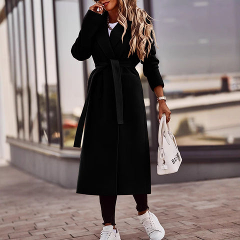 Haut Manteau Femme en Laine Manches Longues Col V à Lacets Simplicité Automne et Hiver
