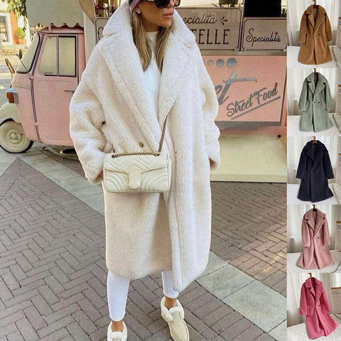 Manteau en Polaire d'Agneau à Revers avec Poches, Manteau en Fausse Fourrure Hiver Chaud Épais Long Coupe-vent Vêtements pour Femmes