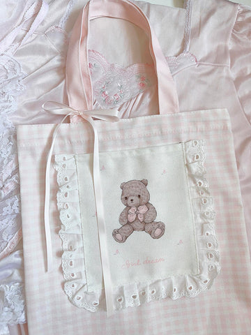 Sac à bandoulière en toile avec oreille en bois, motif ours, pour fille