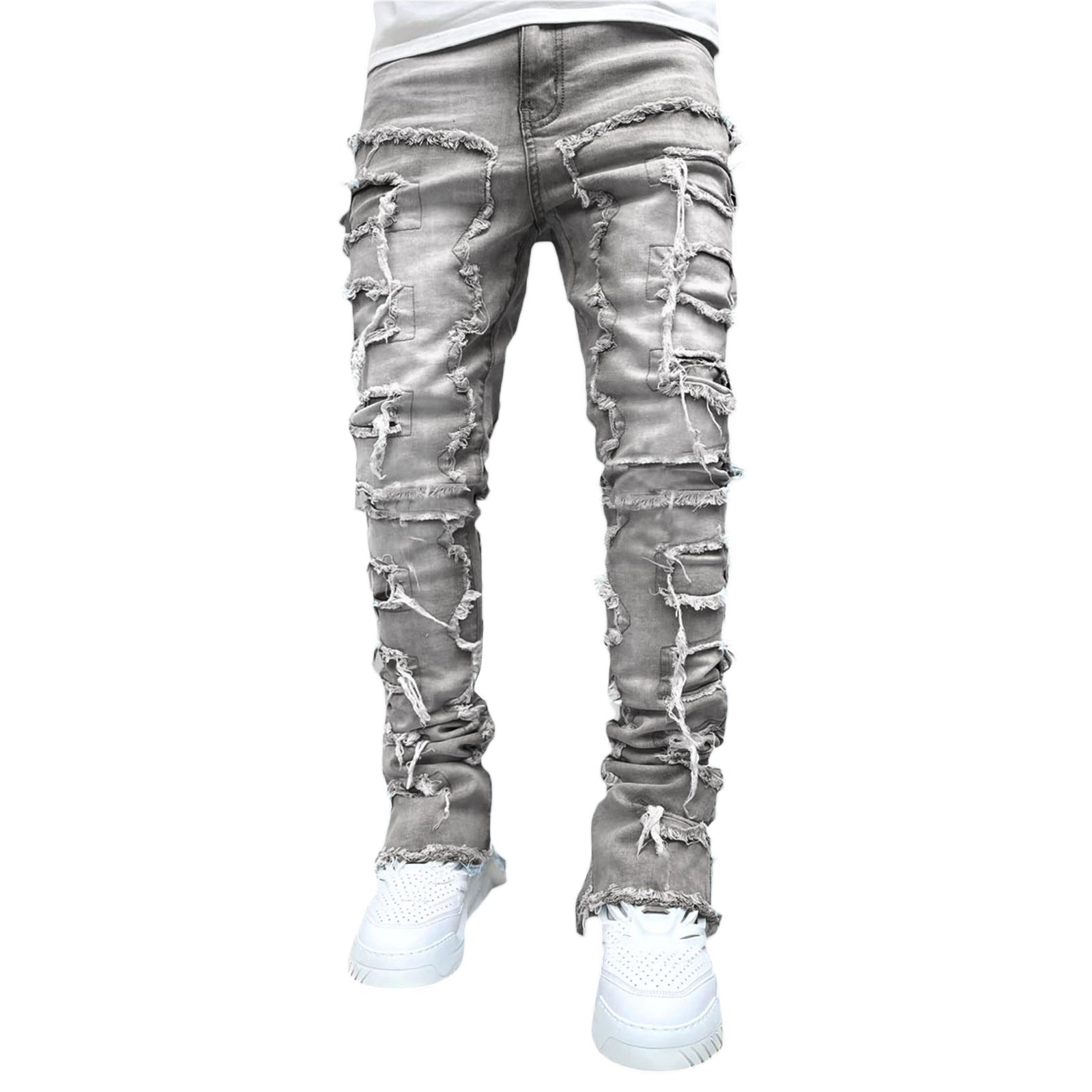 Men Trousers Individual Patched Pants Long Tight Fit Stacked Jeans For Mens Clothing - Fashionner
