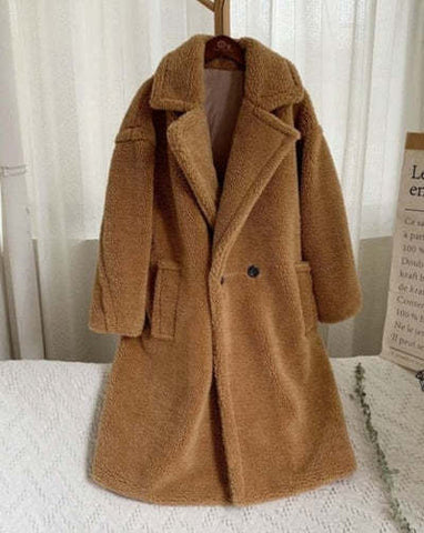 Manteau en Polaire d'Agneau à Revers avec Poches, Manteau en Fausse Fourrure Hiver Chaud Épais Long Coupe-vent Vêtements pour Femmes
