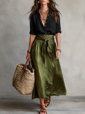 Buy Summer Short-sleeve Suits Fashion Casual Button-down Shirt Top And Straight Skirt Women's Two-piece Set online at Fashionner.