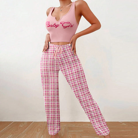 Ensemble pyjama décontracté printemps-été pour femme, gilet assorti, pantalon à carreaux, haut imprimé lettre, 2 pièces, vêtements de nuit pour femme