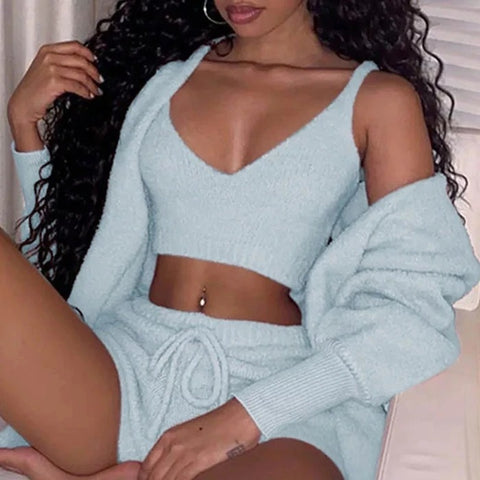 Buy 3Pcs Womens Clothing Long Sleeve Crop Tank Top And Drawstring Shorts Pajama Set online at Fashionner.