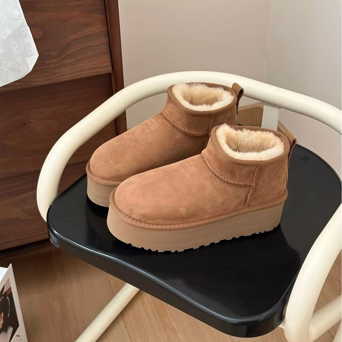 Sheepskin Fur Integrated Platform Snow Boots - Fashionner