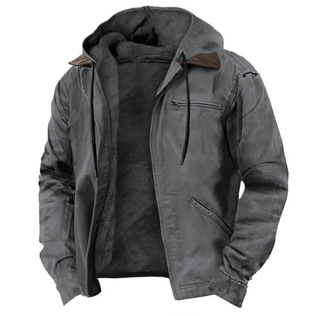 Casual Solid Color Hooded Cotton Jacket With Fleece Lining And Zipper Pockets For Men