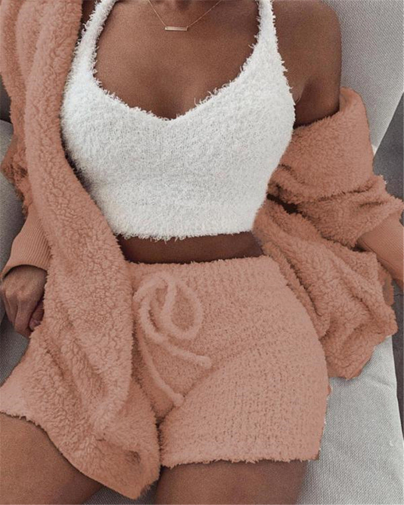 Buy 3Pcs Womens Clothing Long Sleeve Crop Tank Top And Drawstring Shorts Pajama Set online at Fashionner.