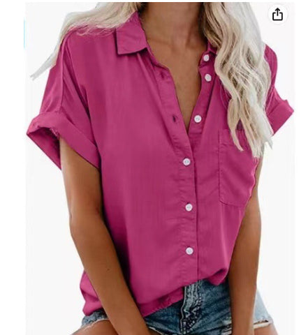 Haut chemise boutonnée à manches courtes et revers pour femme