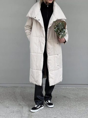 Manteau long à grand revers pour femme, veste d'hiver chaude en coton avec poches et design à lacets, manteau épais décontracté de couleur unie pour vêtements d'extérieur