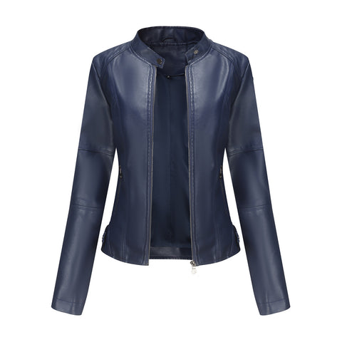 Vestes en cuir zippées pour femmes Mode couleur unie Poches Col montant Vêtements d'extérieur