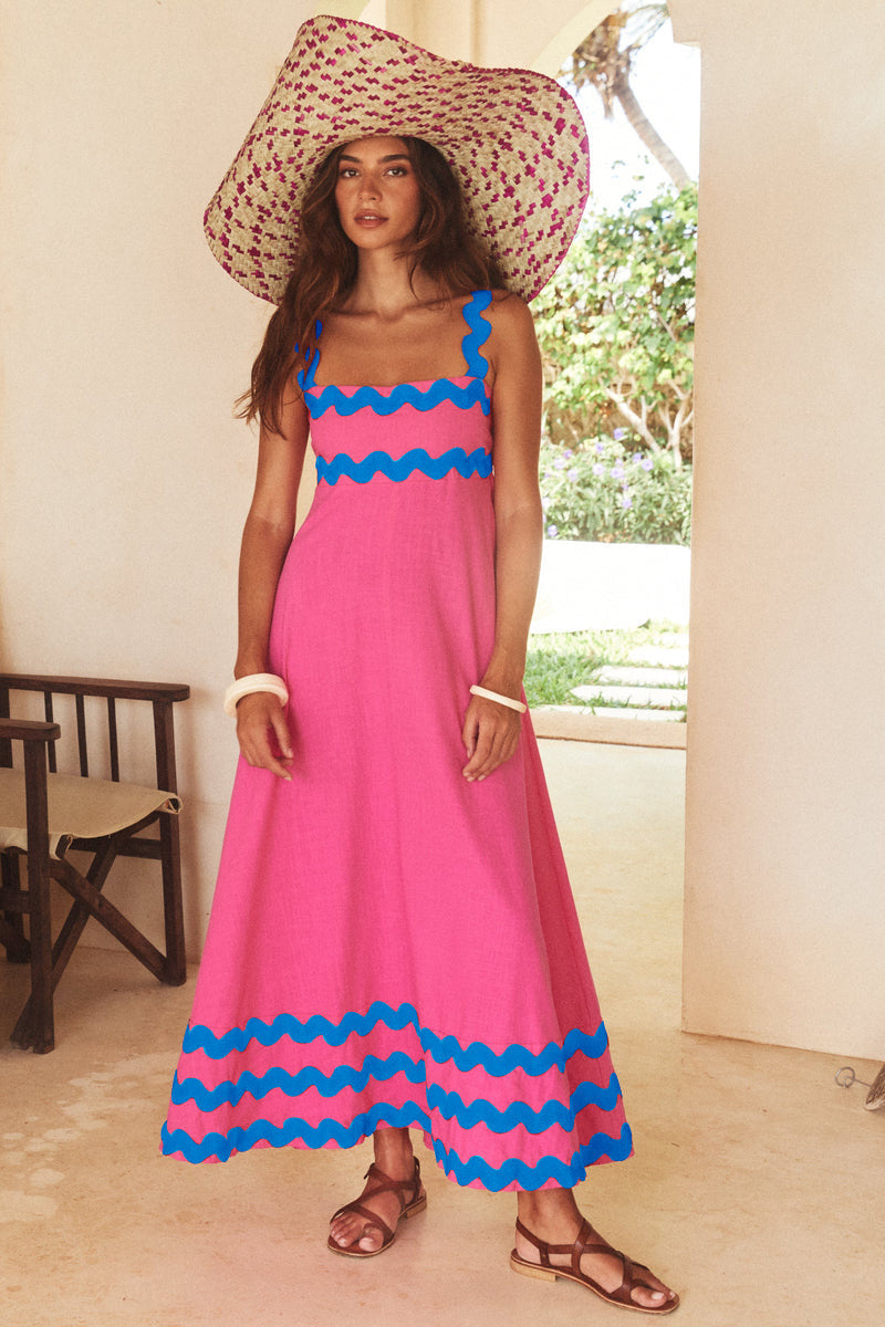 Flowers Print Wavy Pattern Suspender Long Dress For Women Fashion A-Line Beach Dresses Womens Clothing - Fashionner