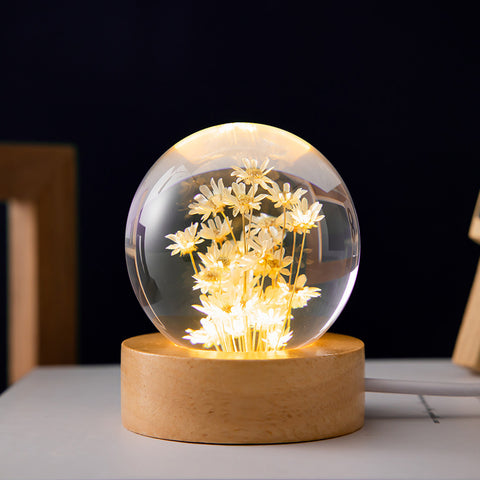 Veilleuse LED Fleur Boule de Cristal Lampe de Nuit pour Enfants avec Base en Bois Lumière Ambiante de Chambre Cadeau Créatif Veilleuse