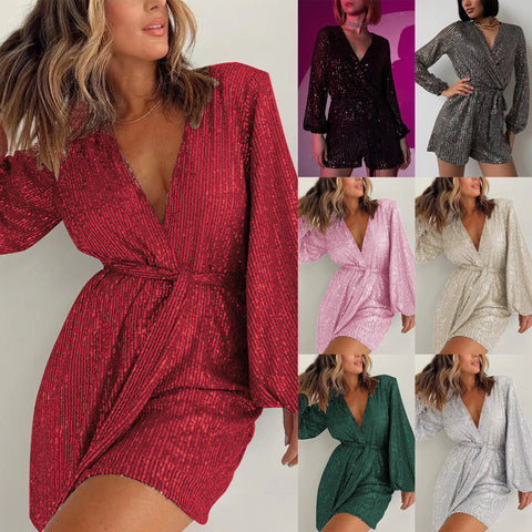 Robe longue à manches longues et sequins pour femme