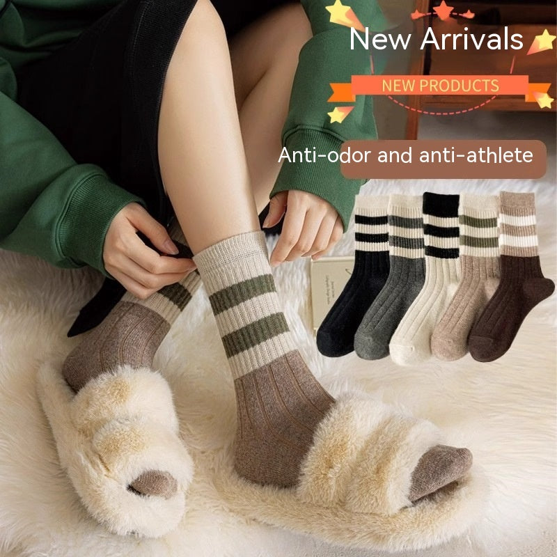 Striped All-matching Thick Warm Middle-long Stockings - Fashionner