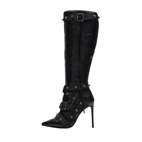 Metal Leathern Pointed Stiletto Heel High Leg Boot Rivet - Fashionner