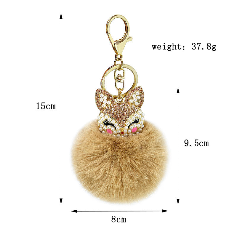 Alloy Pearl Rhinestone Fox Fur Ball Keychain Pendant