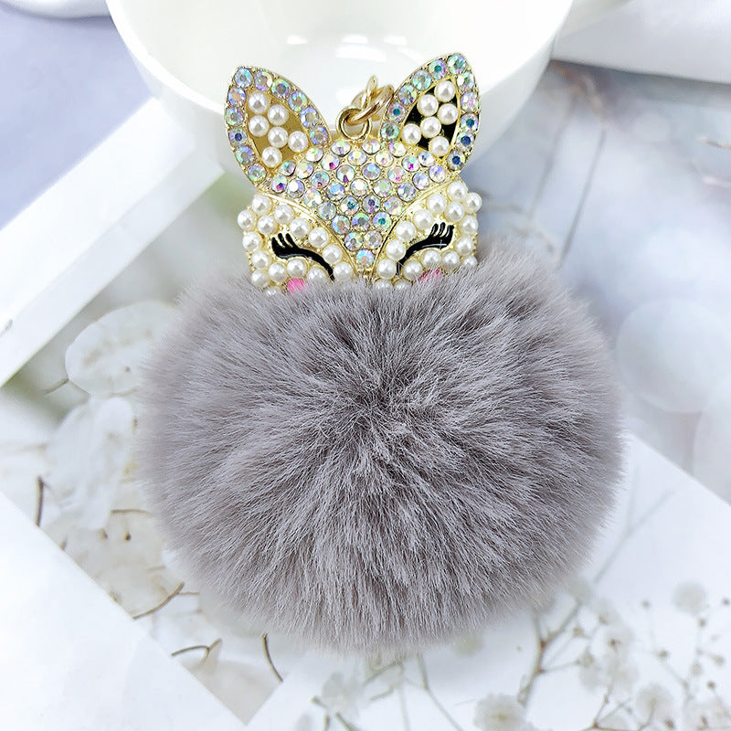 Alloy Pearl Rhinestone Fox Fur Ball Keychain Pendant