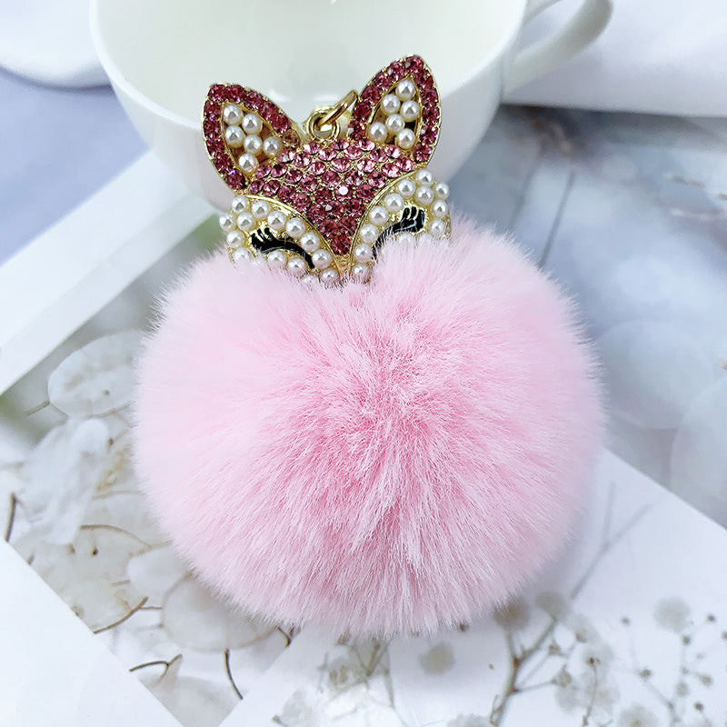 Alloy Pearl Rhinestone Fox Fur Ball Keychain Pendant