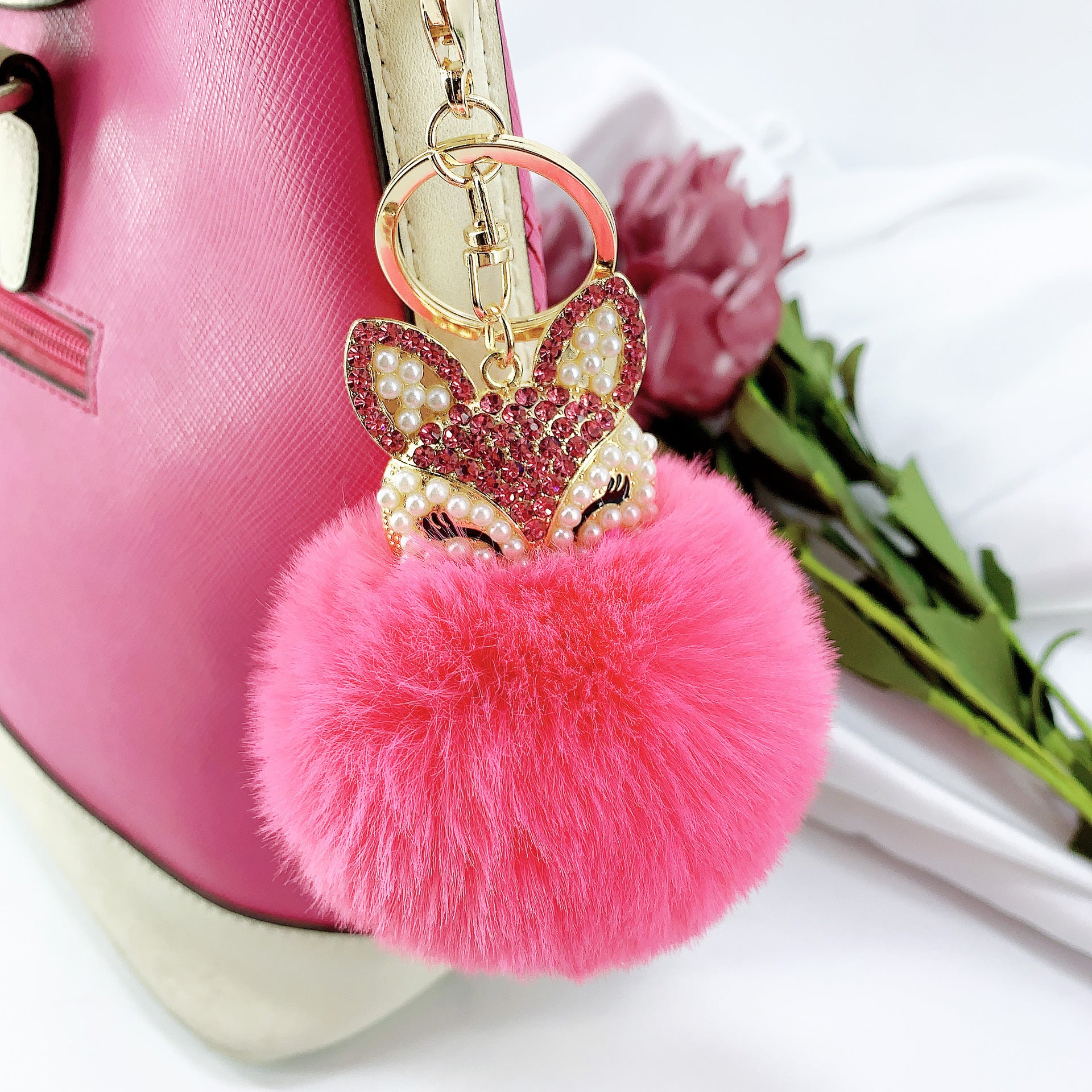 Alloy Pearl Rhinestone Fox Fur Ball Keychain Pendant