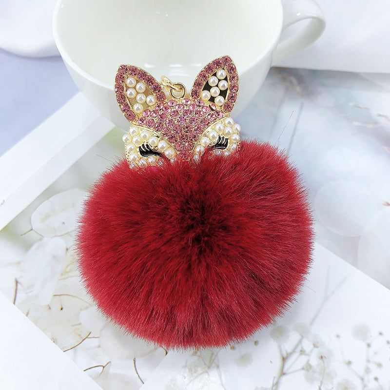 Alloy Pearl Rhinestone Fox Fur Ball Keychain Pendant