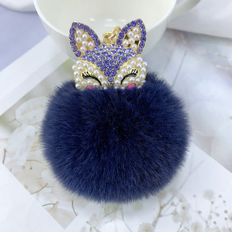Porte-clés pendentif en alliage, perles, strass et fourrure de renard