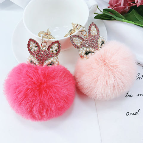 Porte-clés pendentif en alliage, perles, strass et fourrure de renard