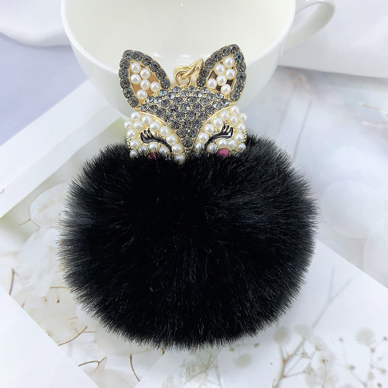 Alloy Pearl Rhinestone Fox Fur Ball Keychain Pendant
