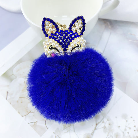 Porte-clés pendentif en alliage, perles, strass et fourrure de renard