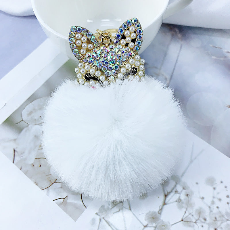 Alloy Pearl Rhinestone Fox Fur Ball Keychain Pendant