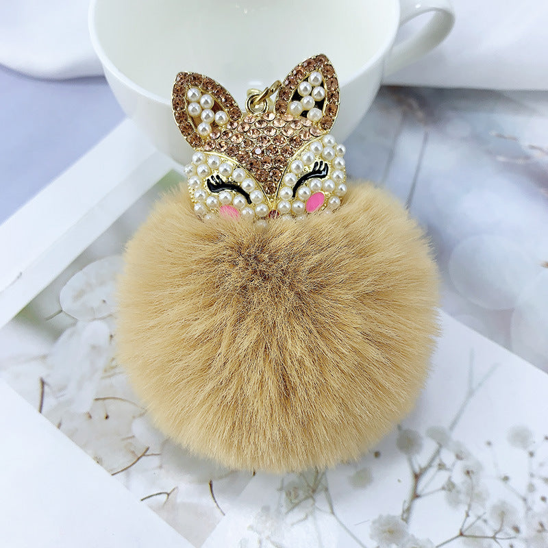 Alloy Pearl Rhinestone Fox Fur Ball Keychain Pendant