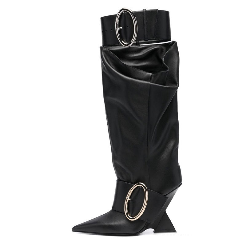 High-profile Wedge Sleeve Pointed Slip-on Strap Large Fastener Boots - Fashionner