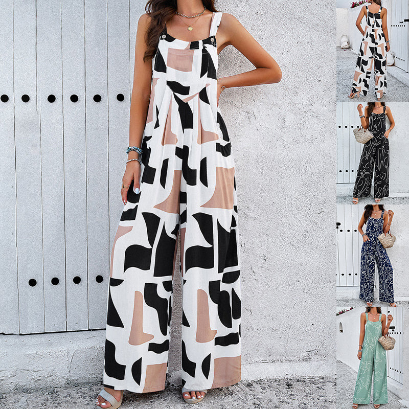 Fashion Print Square Neck Jumpsuit With Pockets Spring Summer Casual Loose Overalls Womens Clothing - Fashionner