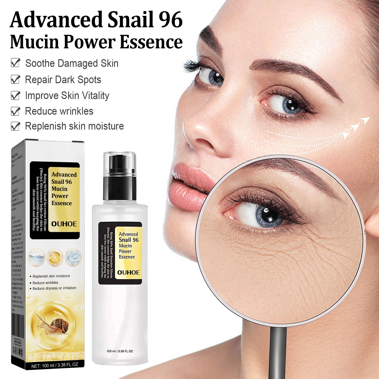 Snail Mucin 96% Power Repairing Essence 3.38 fl.oz 100ml, Hydrating Serum for Face with Snail Secretion Filtrate for Dull Skin & Fine Lines, Korean Skincare