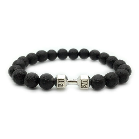 Bracelet d'haltères tendance en alliage de métal, perles de roche de lave et bijoux pour hommes