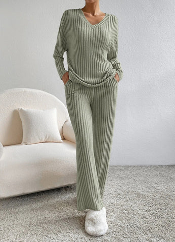 Ensemble De Costume Rayé Uni À La Mode, Haut À Manches Longues Col En V Et Pantalon Droit Décontracté Ample Pour Femmes