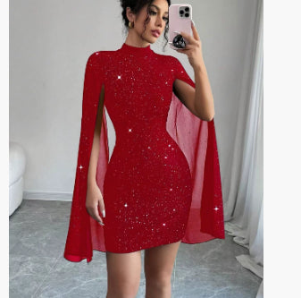 Robe de soirée élégante et sexy pour femme, col rond, rayures fines, perles, manches cape en mousseline, hanches drapées