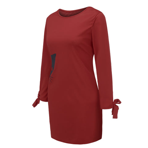 Women Elegant Dress Cat Print Bow O Neck Long Sleeve Party Mini Dresses Casual Ladies Elegant Dress Autumn Spring Dresses - Fashionner