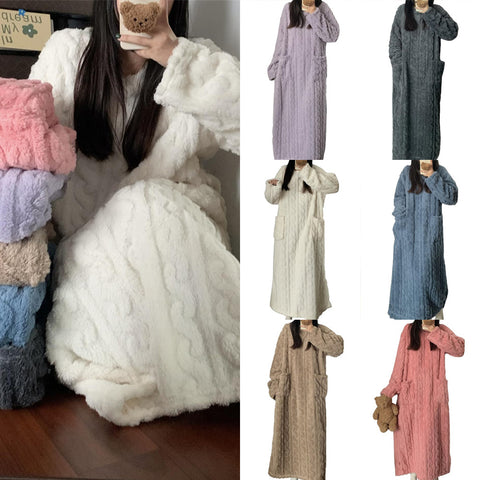 Robe de nuit longue en polaire corail pour femme, pyjama avec poches, robe jacquard épaissie, vêtements de maison chauds