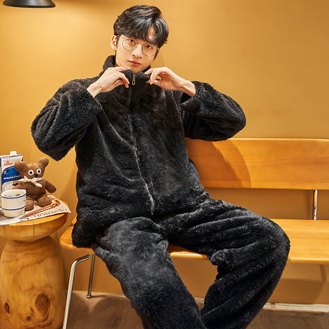 Plush Couple Thickened Flannel Thermal Zipper Suit