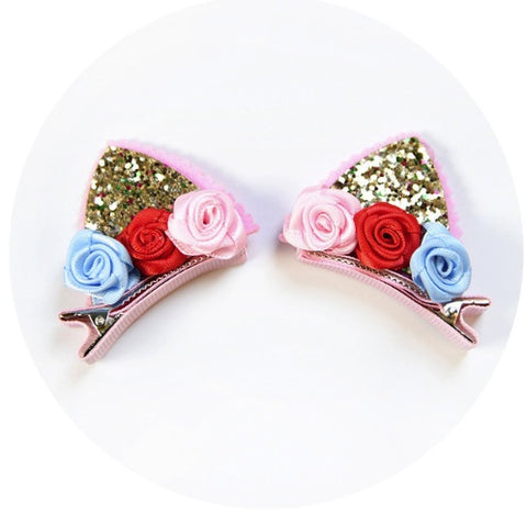 Lot de 2 jolies pinces pour filles, fleurs en tissu feutre pailleté arc-en-ciel, épingles à cheveux oreilles de chat lapin, accessoires pour cheveux pour enfants